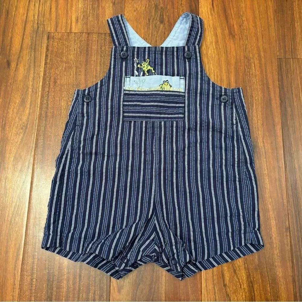 Carters vintage blue stripe embroidered frog seersucker overall shorts